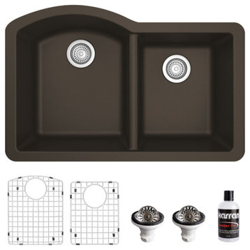 Karran Undermount Quartz 32" 60/40 Double Bowl Kitchen Sink Kit, Brown