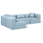 Meridian Furniture - Cube Upholstered Modular Sectional, Light Blue, 4-Piece: 2 Armless Chair, 2 Corner Chair, Vegan Leather - Elevate your space with the luxurious Cube Vegan Leather Modular Sectional. This modular sectional exudes modern elegance, charm, and comfort making it a perfect addition to any contemporary living space. Its clean lines and cube shape are reminiscent of minimalist design, while the plush light blue vegan leather upholstery adds a touch of luxury and sophistication. The chair's versatile construction and geometric aesthetic seamlessly integrate into various design styles, from sleek living rooms to chic home offices, embodying the essence of modern design and creating a sense of order and tranquility in your space.