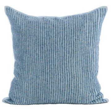 Blue Striped Beaded 16"x16" Cotton Linen Pillow Covers, Misty Blue