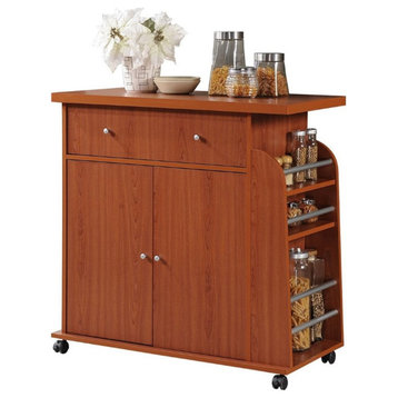Pemberly Row Contemporary Wood Kitchen Cart with Spice Rack in Cherry