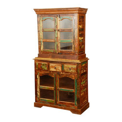 Pioneer Rustic Reclaimed Wood Glass Breakfront Hutch Buffet - China Cabinets And Hutches
