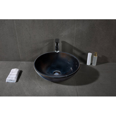 Toros Black Natural Stone Marble Vessel Sink Semi-Polished, (D)16" (H)6"