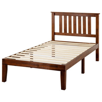 Modern Platform Bed, Pine Wood With Slatted Panel Headboard, Espresso, Twin
