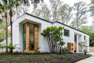 Contemporary two-storey white house exterior in Orlando with a flat roof.