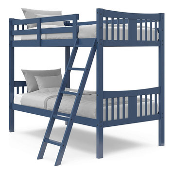Modern Twin Size Bunk Bed, Rubberwood Construction With Angled Ladder, Navy