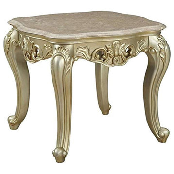 Elegant End Table, Floral Carved Base With Scalloped Marble Top, Antique White