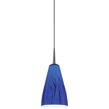 Zara Pendant, LED, 4" Kiss Canopy, Matte Chrome, Blue Glass Shade