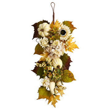 33" Fall Sunflower, Hydrangea and White Pumpkin Artificial Autumn Teardrop