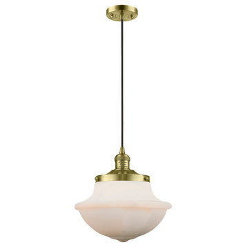 1-Light Oxford School House 12" Pendant, Antique Brass, Glass: White