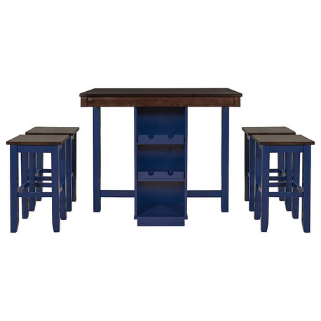 5 Piece Dining Set With Storage Cabinet, Antique Dark Oak/Muted Blue