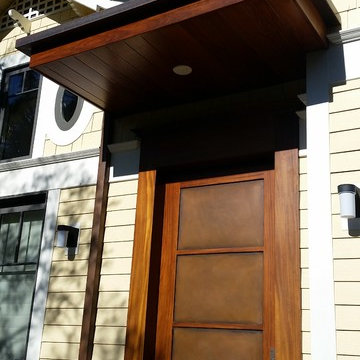 Aged Copper Box Gutter, 1 Year After Install, Brown Red,Green Patina. Venice CA.