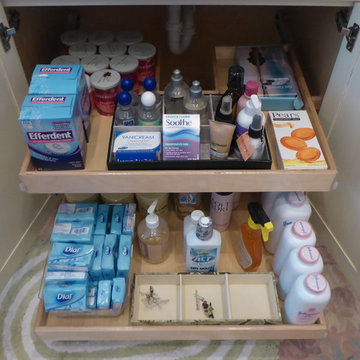 ShelfGenie custom makes pull-out shelves for kitchen and bathrooms, to maximize