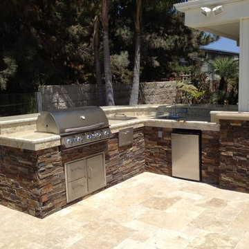 Pool, Spa & Backyard Remodel (baja shelf, paving, firepit, outdoor kitchen, BBQ)