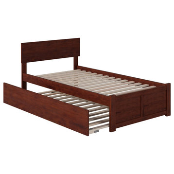 Twin Platform Bed With Trundle, Hardwood Frame With Flat Panel Headboard, Brown