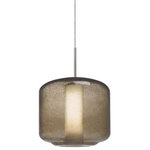 Besa Lighting - Besa Lighting 1JT-NILES10SO-SN Niles 10 - One Light Pendant with Flat Canopy - The Niles Amber Pendant is composed of a broad transparent amber glass cylinder, with an interesting bubble pattern blown randomly throughout the glass and exposed light source. The pleasing play of light through the bubble accents make for a striking affect, along with the popular theme of this transitionally designed pendant. The cord pendant fixture is equipped with a 10' SVT cordset and an low profile flat monopoint canopy. These stylish and functional luminaries are offered in a beautiful brushed Bronze finish.  No. of Rods: 4  Canopy Included: TRUE  Shade Included: TRUE  Cord Length: 120.00  Canopy Diameter: 5 x 5 x 0 Rod Length(s): 18.00Niles 10 One Light Pendant with Flat Canopy Smoke Bubble/Opal GlassUL: Suitable for damp locations, *Energy Star Qualified: n/a  *ADA Certified: n/a  *Number of Lights: Lamp: 1-*Wattage:60w T10 Medium Base bulb(s) *Bulb Included:No *Bulb Type:T10 Medium Base *Finish Type:Bronze