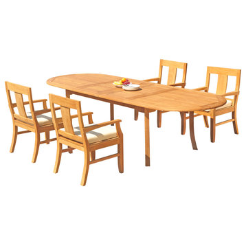 5-Piece Outdoor Teak Dining Set, 117" Extension Oval Table, 4 Osbo Arm Chairs