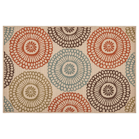 GDF Studio Dahlia Outdoor Floral  Area Rug, Beige and Multicolored, 3'3"x5'