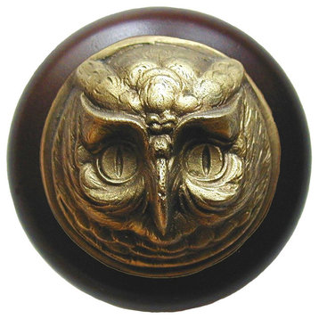 Wise Owl Wood Knob, Antique Brass, Dark Walnut Wood Finish, Antique Brass