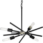 Progress Lighting - Astra Collection Six-Light 22" Matte Black Modern Chandelier - The Astra chandelier features a space-age-inspired design perfect for modern and mid-century decor. Six spoked arms radiate out from a cylindrical down rod suspended from a center round canopy, bringing a dynamic flair to the fixture's design. A crisp matte black finish adds a touch of sophistication. Decorative bulbs (sold separately) adorn the ends of each perpendicular arm. This versatile chandelier is ideal for bringing illumination to dining rooms, kitchens and bedrooms. This fixture is part of the Progress Lighting Design Series, a lighting collection offering fashionable styles and affordable luxury lighting for the home.