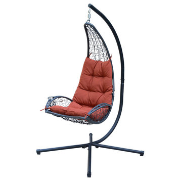 Cushioned Rattan Wicker Hanging Chair With Stand, Red