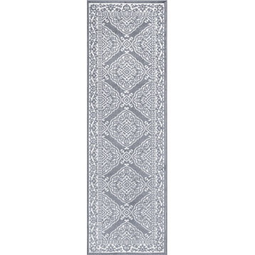 Katie Transitional Floral Area Rug, Gray/White, 2'3''x7'3''