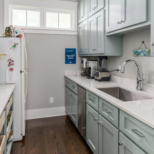 Transitional kitchen pantry appliance - Kitchen pantry - transitional medium tone wood floor kitchen pantry idea in Nashville with shaker cabinets, blue cabinets, quartz countertops, white backsplash, stainless steel appliances and white countertops