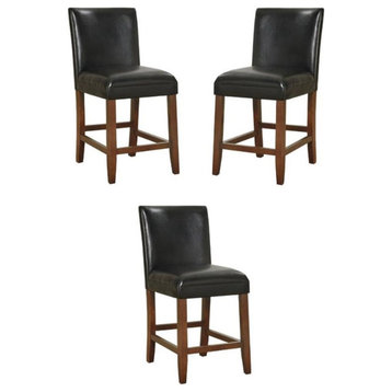 Home Square 24" Traditional Wood and Faux Leather Barstool in Black - Set of 3
