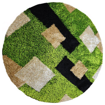 Hand Tufted Shag Polyester Area Rug Geometric Green Beige, [Round] 6'x6'