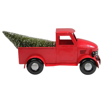 12" Red Iron Truck With Green Frosted Tree and Wreath Christmas Tabletop Decorat