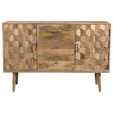 Zona Mid-Century Modern Handcrafted Sideboard, Mango Wood, 3 Drawer/2 Doors