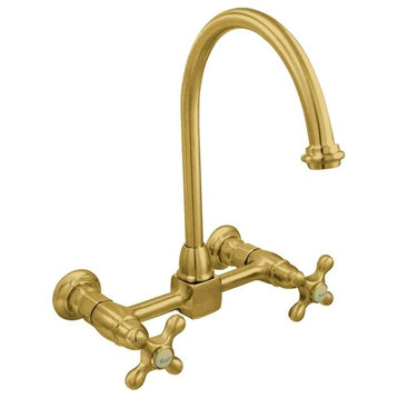 Wall Mounted Bridge Bathroom Faucet, Gooseneck Spout & Crossed Handles, Brass