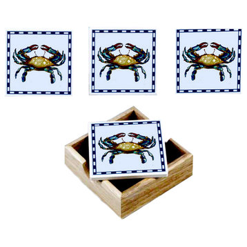 Blue Crab Tile Coasters with Wood Tray Set