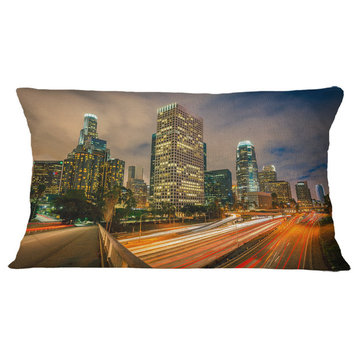 Los Angeles Yellow Skyline Night Cityscape Throw Pillow, 12"x20"