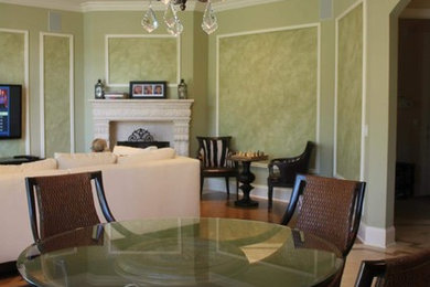 Example of a mid-sized transitional ceramic tile great room design in Chicago