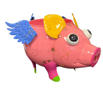 Metal Flying Pink Pig Planter Flower Pot Outdoor Garden Decor With Blue Wings