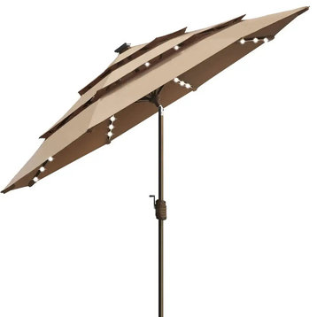 Outdoor Umbrella, 3 Tier Design With Ventilation & LED Lights, Heather Beige