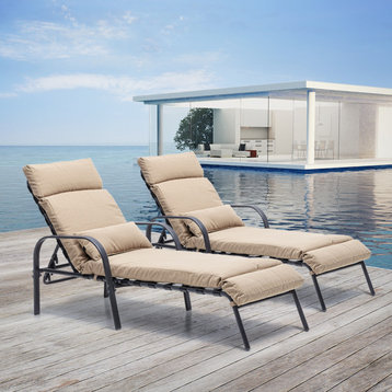 Set of 2 Adjustable Chaise Lounge Chair with Cushion & Pillow, Tan