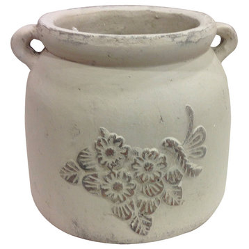 Heavy Hand Pressed Ancient Stressed Terracotta Flower Pot, Vintage White