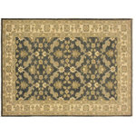 Bareens Designer Rugs - Shabby Chic Ziegler Jack Charcoal Blue Hand-Knotted Wool Rug - 4'1'' x 6'4'' - Enhance the ambiance of your home with this magnificent Persian-influenced Turkish hand-knotted rug made by skilled artisans capable of creating the most exceptional vegetable dyes and hand-spun wool. This exquisite handmade rug is a one-of-a-kind Peshawar Kafkaz, otherwise identified as Chobi, Chobi Peshawar, Oushak, or Ziegler rug. These handmade rugs are crafted in Pakistan utilizing superior-quality wool imported from Australia, New Zealand, and Korea in two types of weaves: the Persian weave and the Mori weave. This rug is meticulously crafted by hand using the finest natural vegetable dyes extracted from local plants. The artisans use a blend of hand-spun local and fine merino wool, resulting in a rug with a compelling texture, higher lanolin content, and longer staple. The artisans occasionally incorporate natural or artificial silk into the pile to enhance specific motifs. The finished product is an awe-inspiring execution of flawless design and an understated palette that exudes elegance.