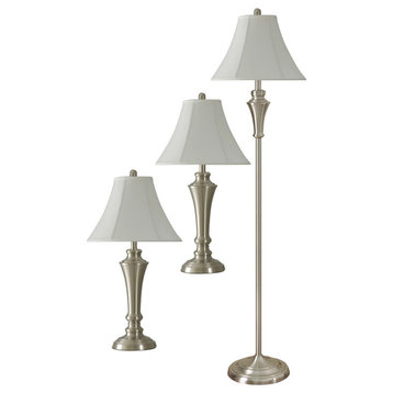 Floor or Table Lamp, Geneva Taupe Shade, Set of 3, Brushed Steel/White