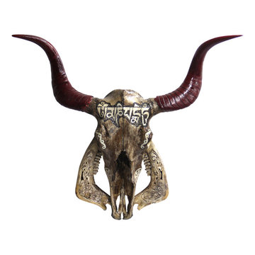 Vintage Sanskrit Bull Skull - Wall Art & Decor - Statues & Figures