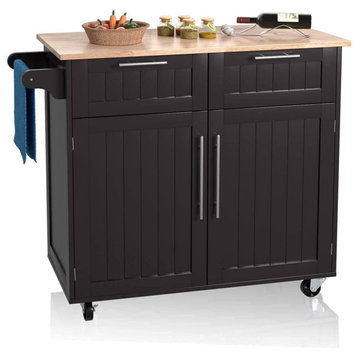 Modern Kitchen Cart, Groove Doors & Storage Drawers With Rubberwood Top