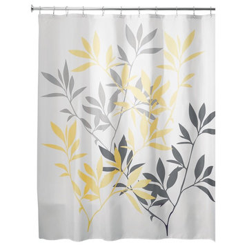 iDesign Leaves Fabric Shower Curtain, 72"x72", Yellow and Gray
