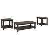 Set of 3 Coffee Table Set, Plank Style Top With Slatted Lower Shelf, Dark Wood