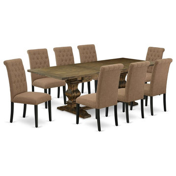 East West Furniture Lassale 9-piece Wood Dining Set in Brown/Light Sable