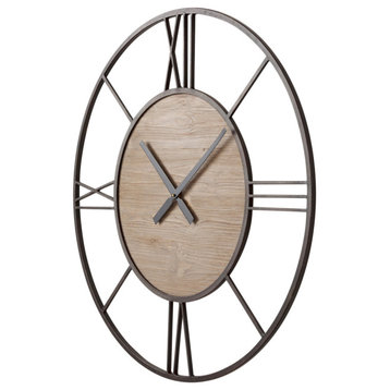 Brielle Black Iron And Brown Wood 30" Round Wall Clock