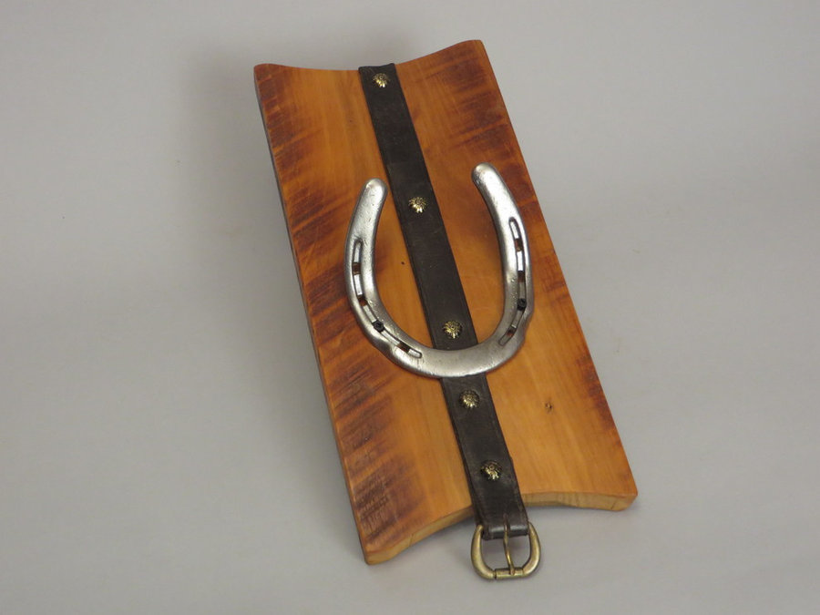 #R15045 Coat Rack Reclaimed Poplar, horseshoes, leather.