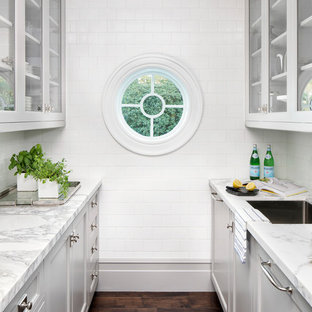 Beach style galley kitchen pantry in Miami with a single-bowl sink, glass-front cabinets, grey cabinets, marble benchtops, white splashback, subway tile splashback, dark hardwood floors, brown floor and multi-coloured benchtop.