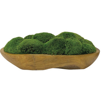 Moss Mound Faux Floral Centerpiece Rustic Teak Wood Bowl Greenery