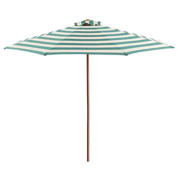 Classic Wood 9 ft Round Market Umbrella Soft Teal/Ivory Stripe